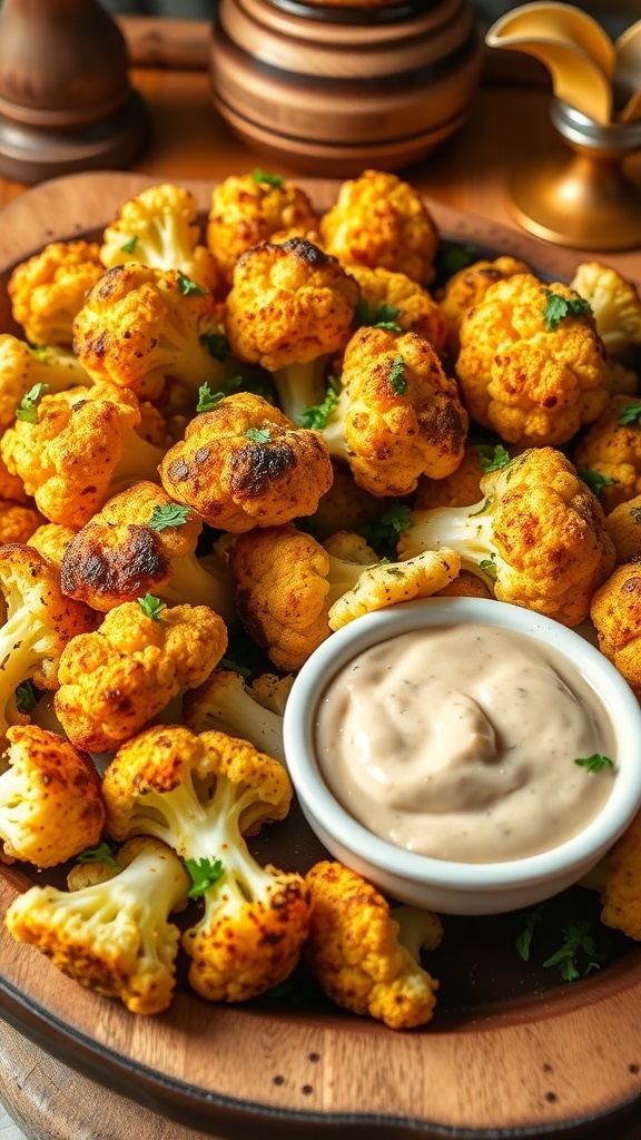 Roasted cauliflower florets garnished with herbs on a wooden platter.